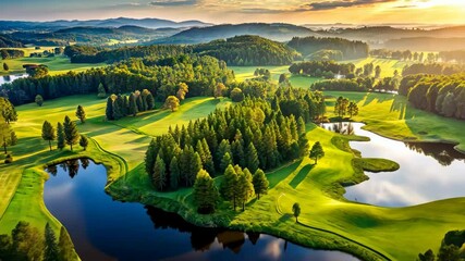 Poster - Serene sunrise over a picturesque golf course nestled among lush greenery and tranquil waters.