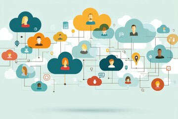 Aufkleber - Web of Connected Users and Cloud Icons Representing Digital Communication Networks and Online Interactions Among Individuals