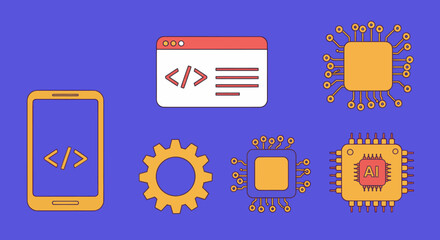 Artificial intelligence and coding for software development and machine learning concept with abstract tech symbols and icons on blue background