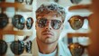 © อัญชลี เวียงสมุทร - Man trying on stylish sunglasses in optical store with shelves of various eyewear and fashionable accessories on display, modern shopping experience, casual attire