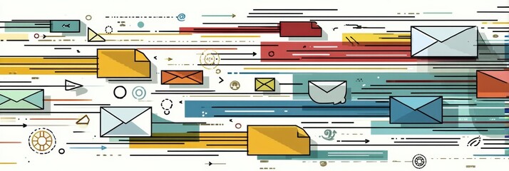 Aufkleber - Colorful Email Icons and Communication Lines Flying Through a Digital Landscape Representing Fast Messaging and Connectivity
