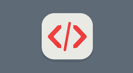 Red coding icon on a white rounded square against a gray background symbolizes programming and software development