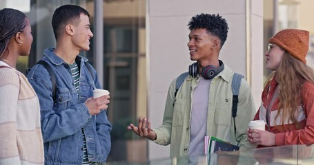 Poster - Students, diversity and talk as people with backpack, bonding or break for conversation on campus. Group of friends, happy and outdoor for education, scholarship and learning in college or university