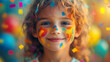 © li - A joyful child with colorful face paint and rainbow balloons, celebrating the happiness of International Children's Day