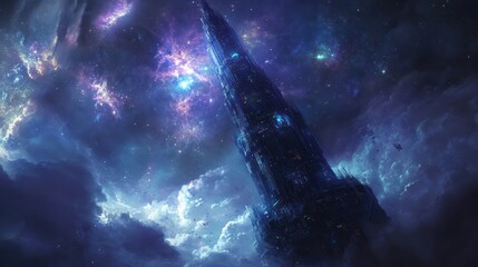 Wall Mural - a tall futuristic structure towers into the atmospheric cosmic expanse