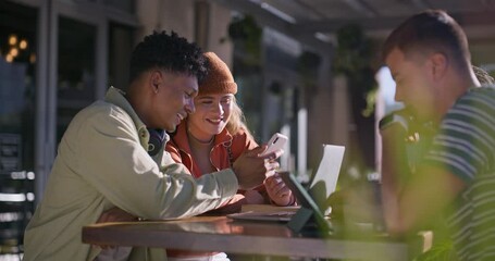 Poster - Students, diversity and chat as friends with mobile phone, bonding or break in conversation on campus. Group of people, happy and tech for education, scholarship and learning in college or university