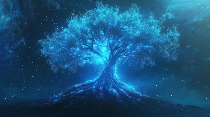 Wall Mural - A luminous blue tree shines brightly against a starry sky