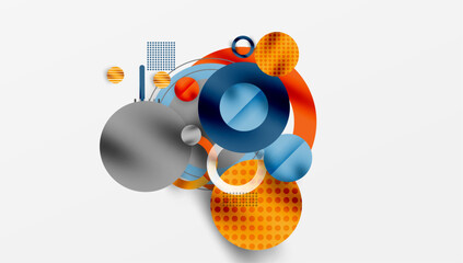 Aufkleber - Abstract composition. Overlapping circles, dots, lines create dynamic visual effect. Orange, blue, gray dominate palette. Modern design.