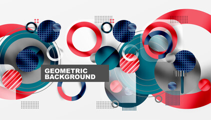 Aufkleber - Abstract geometric composition. Overlapping circles, squares, lines create dynamic visual effect. Red, blue, gray dominate palette. Modern design element.