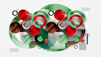 Poster - Abstract composition. Circles, stripes, gradients create dynamic visual effect. Modern design elements present playful geometry.