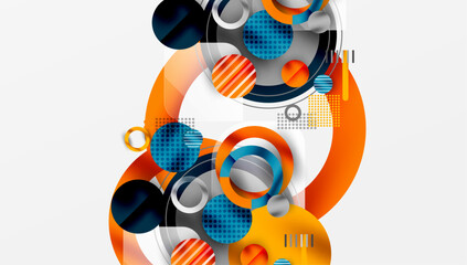 Fototapete - Abstract design features overlapping circles, stripes, gradients. Modern composition uses orange, blue, gray tones. Minimalist aesthetic.