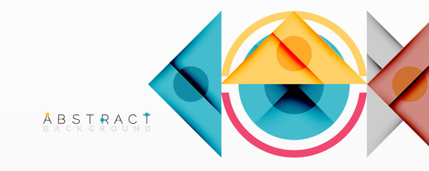 Aufkleber - Geometric shapes overlap creating colorful abstract design. Modern composition uses circles, triangles, squares. Bright hues dominate.