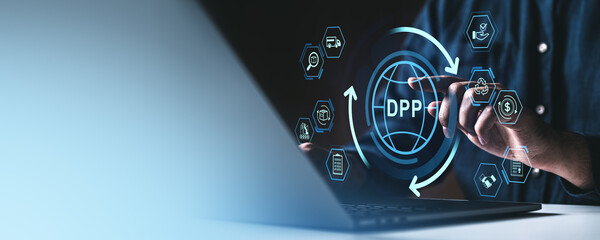 Digital product passport concept with icons around user interacting on laptop screen.
