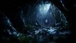 © Fonlinepix - A spider constructing a web in a dark cave, illuminated by faint light sources, creating an eerie atmosphere.