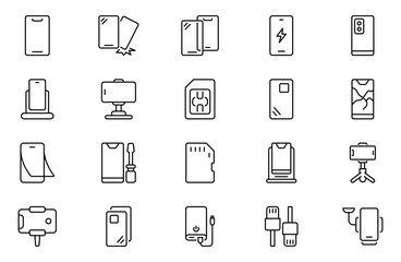 mobile accessories line icon set, power bank, headset, cable, sim card, phone case, wireless charger