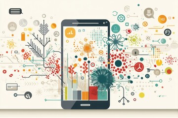 Fototapete - Stylized Smartphone Showcasing an Explosion of Colorful Icons and Notifications, Representing a Vibrant Digital Interaction in Modern Life