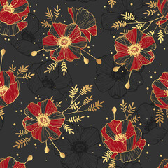 Wall Mural - Floral retro background. Red and gold poppy flowers. Graphic line drawing. Botanical seamless pattern. 