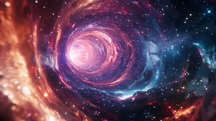 Wall Mural - a deep purple and orange tunnel in space with a bright light at the end