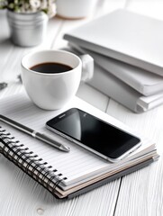 Poster - Smartphone and Coffee Cup on a Clean Desk in a Modern Workspace During a Productive Morning Routine