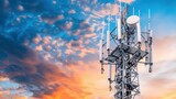 Telecommunication tower of 4G and 5G cellular. Macro Base Station. 5G radio network telecommunication equipment with radio modules and smart antennas mounted on a metal against cloulds sky background