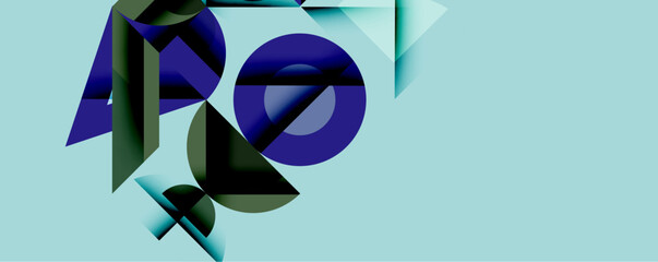 Fototapete - Abstract geometric composition. Shapes overlap, creating dynamic visual interest. Blue, green hues dominate light blue background. Modern design elements present.