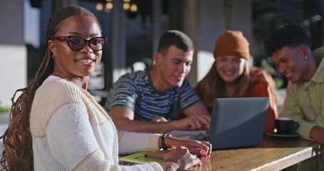 Poster - Studying, university and face of woman with friends, laptop and books for learning, education and reading. College, campus and portrait of people with textbooks and computer for exam preparation