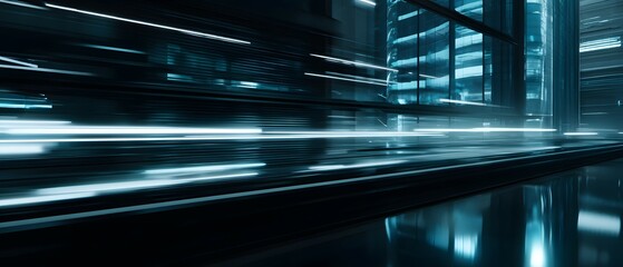 Wall Mural - abstract futuristic city with blue light trails and reflective surfaces.