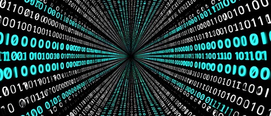 Wall Mural - binary code streams toward a central vanishing point in a dark background.