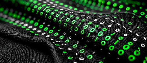 Binary code pattern in green and white on a dark wavy surface.