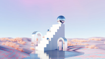 Wall Mural - 3D render, Futuristic surreal landscape desert with white staircase and chrome spheres