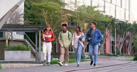 Poster - University student, friends and walk in street, diversity and ready for learning, education or back to school. Youth, people and gen z group with backpack, chat and books with discussion at college