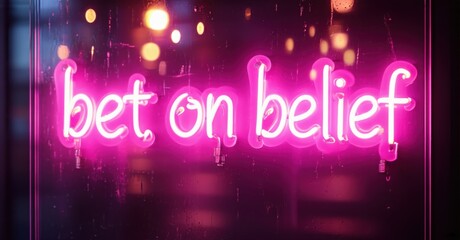 Aufkleber - Bright pink neon sign displays text bet on belief. Bokeh lights create blurred background, wet surface visible. Inspiring message.