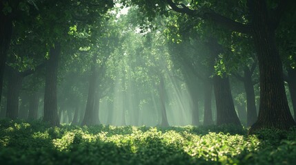 Wall Mural - sunlight streams into a vibrant green forest with thick trees and lush ground cover. use this for pr