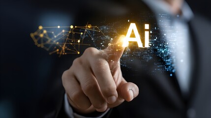 businessman displays a virtual image Chat with artificial intelligence (AI) on the global internet. transforming futuristic technology with the use of the command prompt
