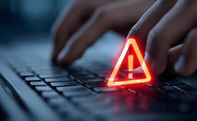 Cybersecurity Warning Alert on document management. Person typing on a keyboard with a red cybersecurity warning symbol displayed, indicating potential data breach or system error.