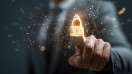 Cyber security and network data protection. businessman touch security padlock. smart solution from cyber attack, innovation technology