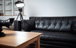 © Vitaly Art - Modern living room with a black leather sofa, a wooden coffee table, and a camera on a tripod with a light on top.