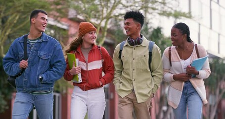 Poster - Group of people, diversity and talk as friends with walking together, bonding and conversation on campus. Students, chat and positive for education, scholarship and learning in college or university
