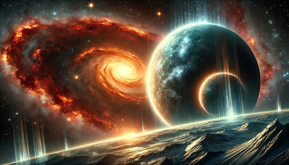 Wall Mural - A dramatic space scene featuring the night side of an icy planet in the foreground, with glowing polar auroras dancing across its atmosphere