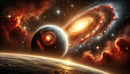 Wall Mural - A dramatic space scene with a glowing spiral galaxy in the background, and a close-up view of a nearby planet in the foreground