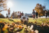 Play a game, soccer ball on grass field with a group of friends and autumn.