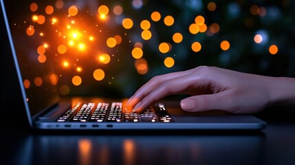 Nighttime Laptop Use: A Hand Typing on a Keyboard with Glowing Lights