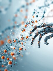 Poster - Robotic Hand Reaches for Digital DNA Strand in a Futuristic Technological Environment