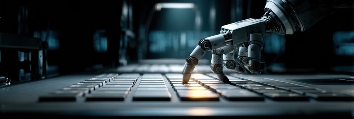 Leinwandbilder - Robot Typing Skillfully on a Keyboard in a Dark Studio Environment, Showcasing Advanced Technology at Work on a Late Evening