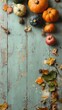 © Anak - Autumnal gourds and leaves arranged on weathered wooden surface.