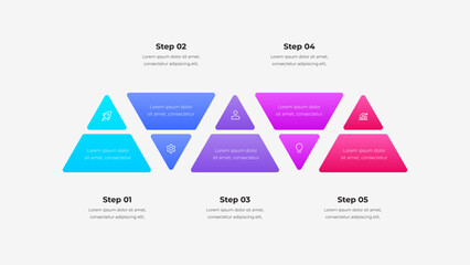 Leinwandbilder - Infographic template showcasing a five step process using vibrant gradient triangle shapes with icons. Ideal for business presentations, data visualization and workflow explanation