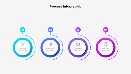 Aufkleber - Colorful infographic featuring a four step process design, each step highlighted with gradient circles and relevant icons. Ideal for representing workflows, concepts, or organized structures