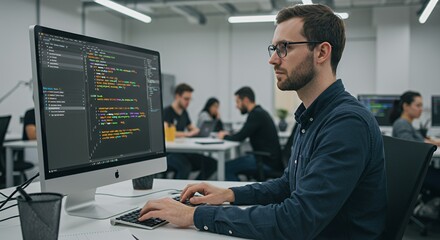 focused programmer coding in modern office