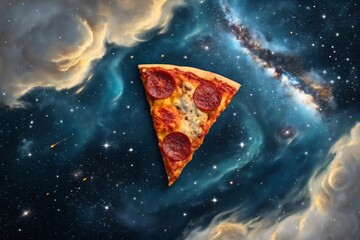 Wall Mural - delicious pepperoni pizza slice floating in space cosmic food concept