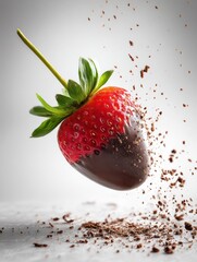 Aufkleber - Chocolate Dipped Strawberry Floating Above Crushed Chocolate Pieces in High-Key Style With Soft Lighting